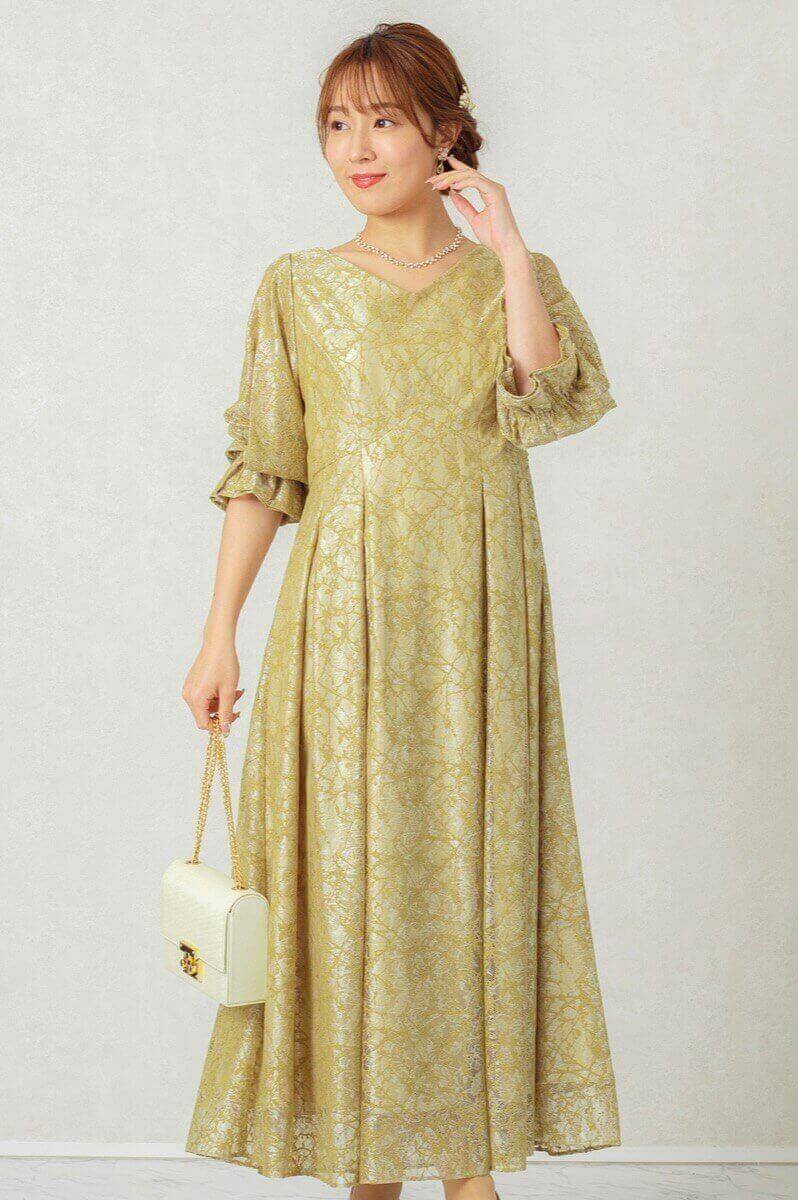 イエローのボリューム袖レースドレスの商品画像2