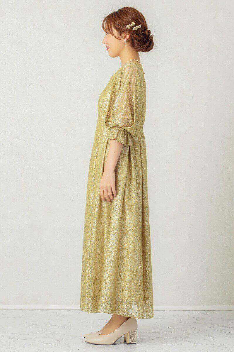 イエローのボリューム袖レースドレスの商品画像3