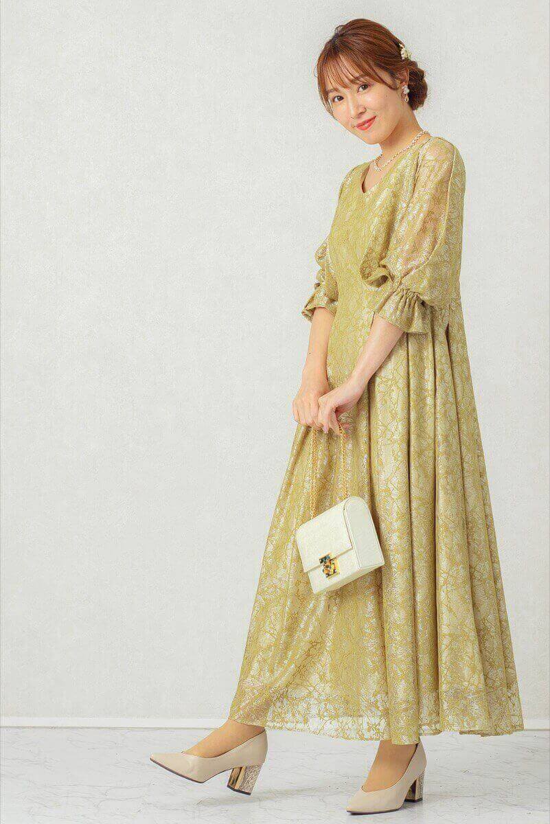 イエローのボリューム袖レースドレスの商品画像9