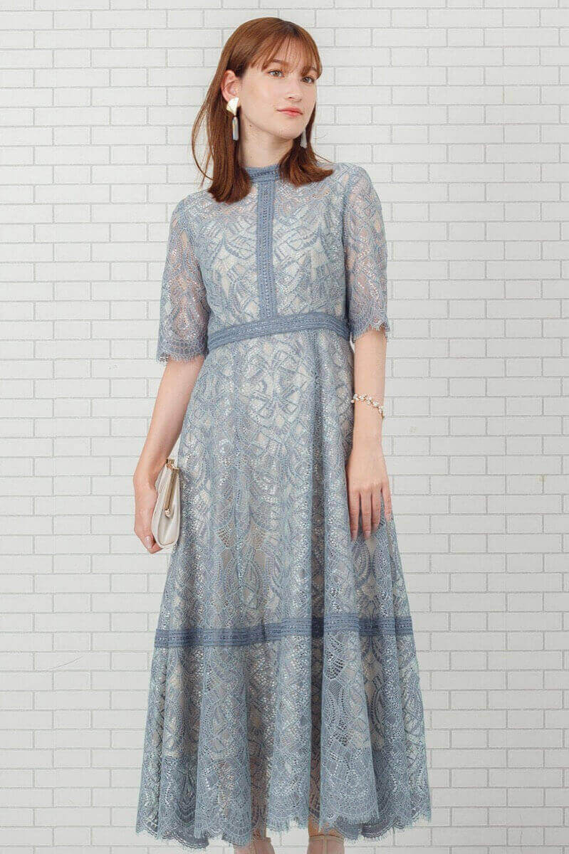 グレイッシュブルーの配色ハシゴレースドレスの商品画像2