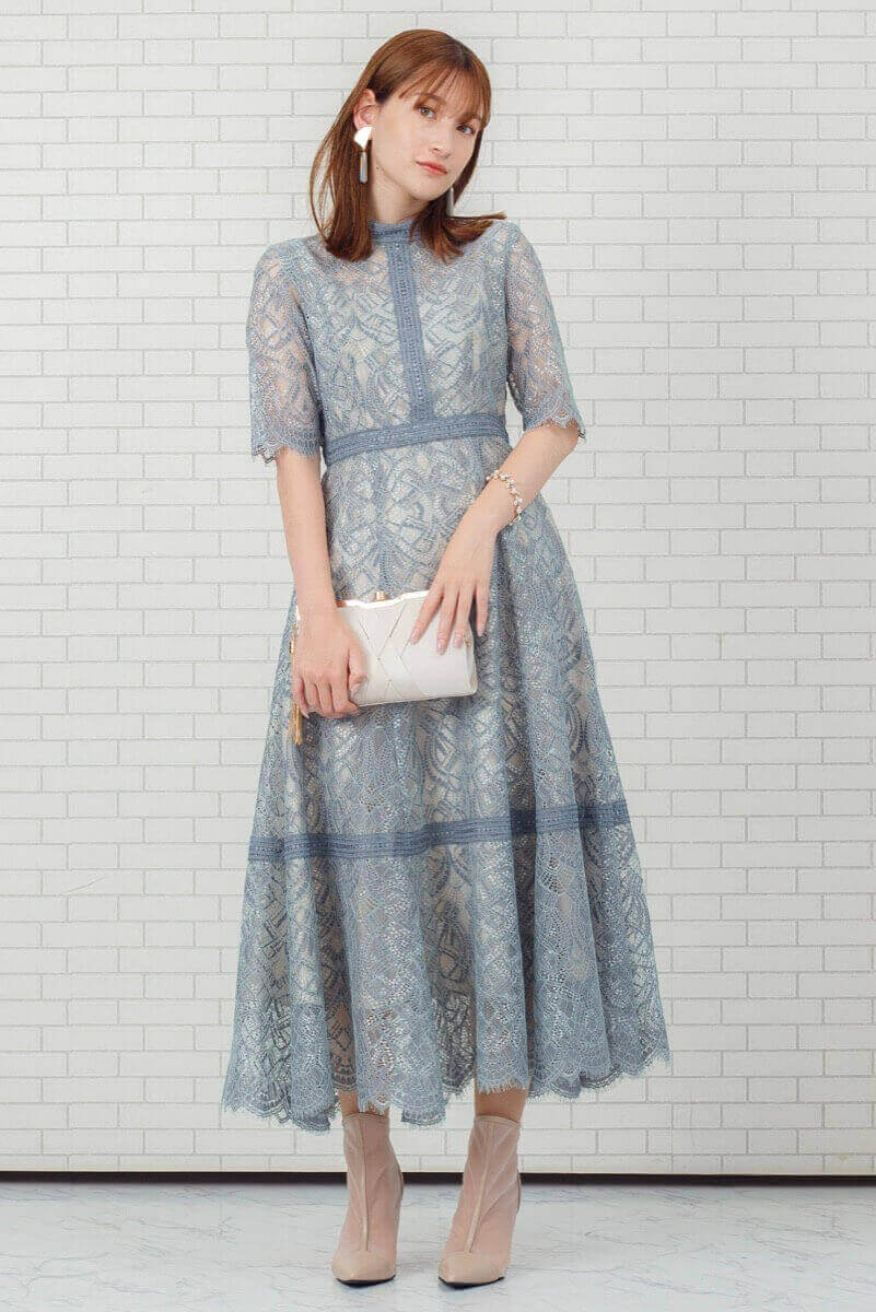 グレイッシュブルーの配色ハシゴレースドレスの商品画像7