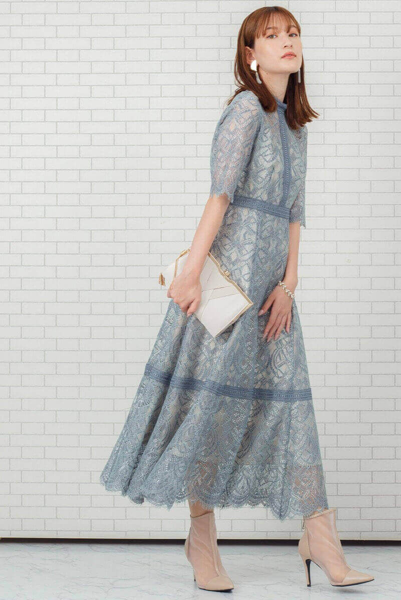 グレイッシュブルーの配色ハシゴレースドレスの商品画像8