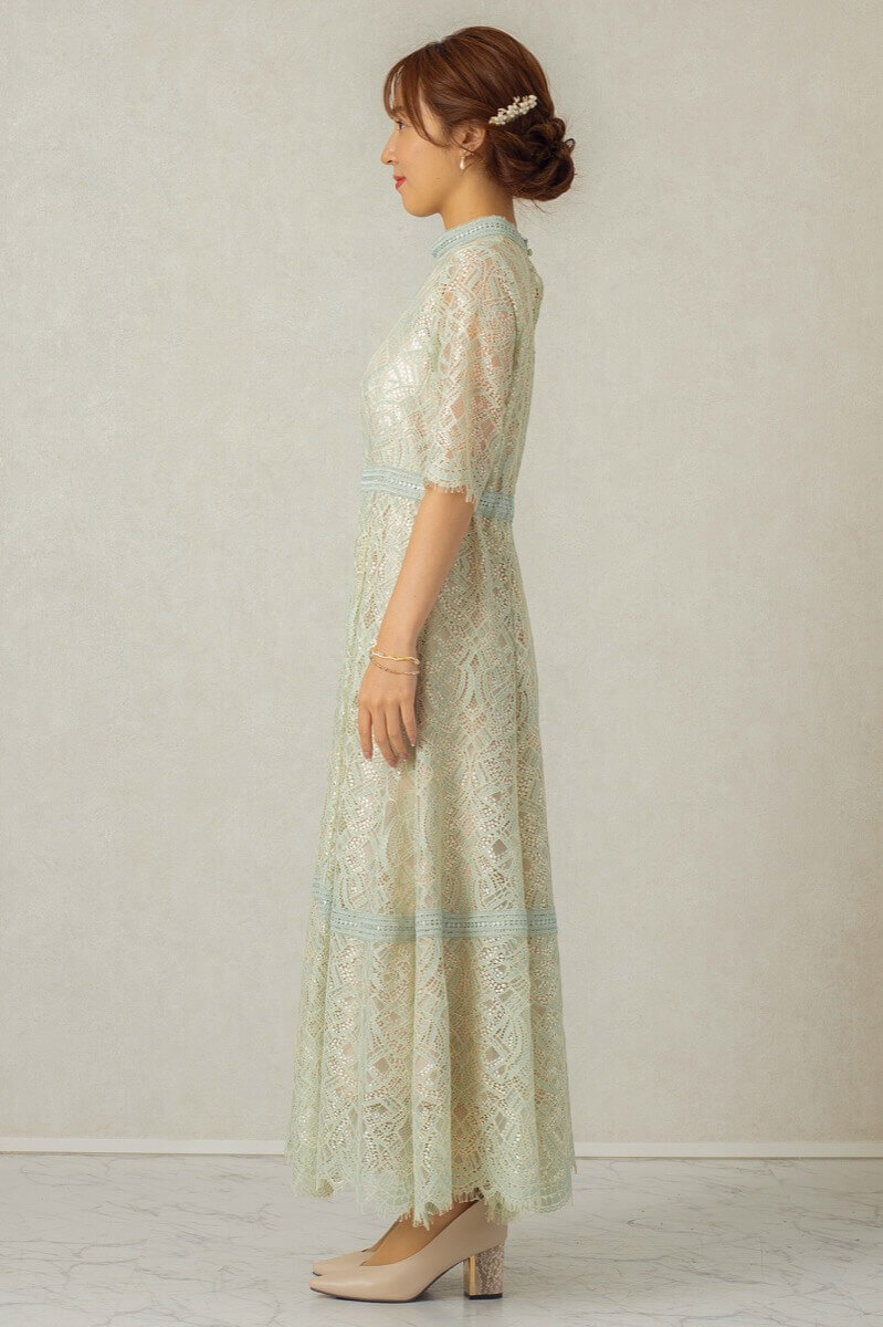 グリーンの配色ハシゴレースドレスの商品画像3