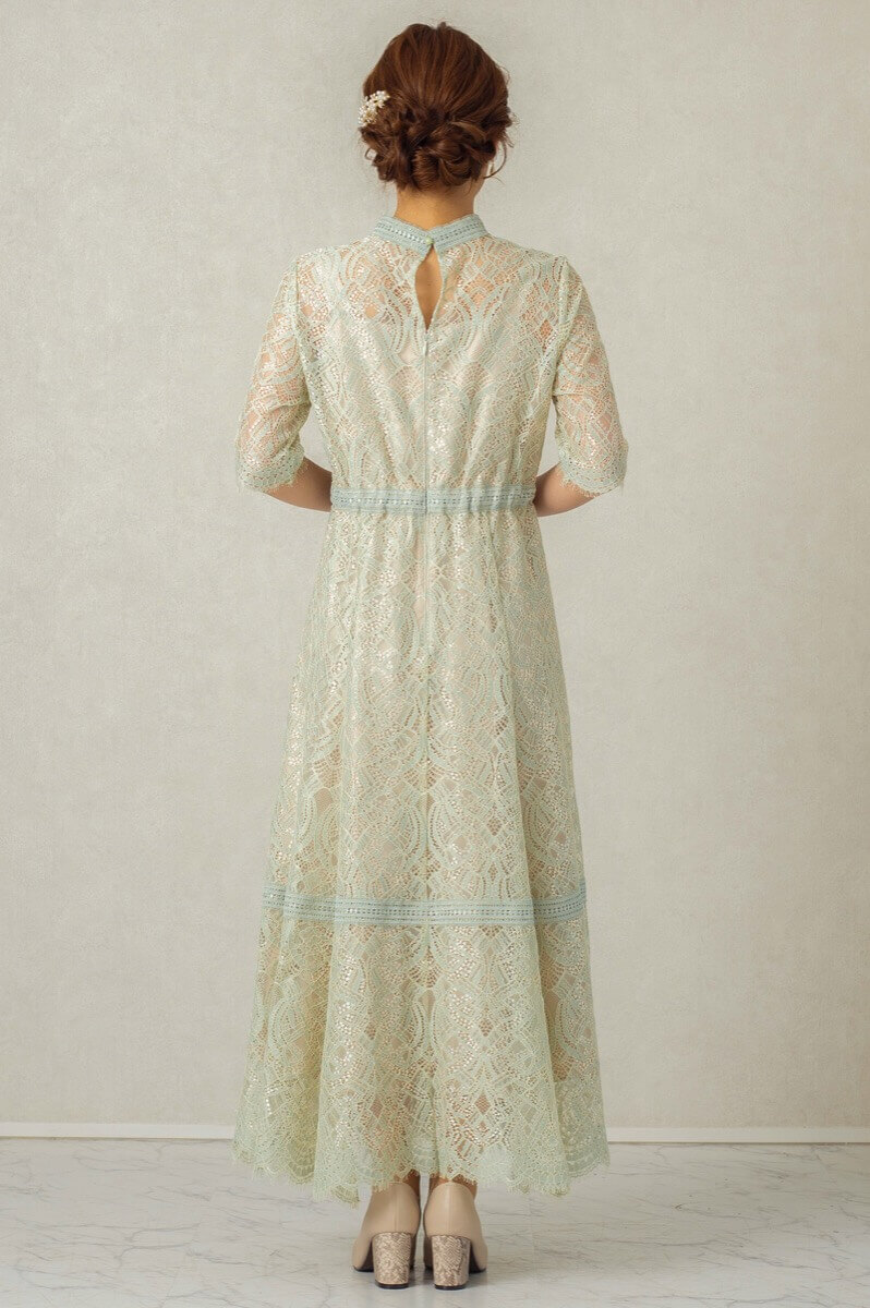 グリーンの配色ハシゴレースドレスの商品画像4