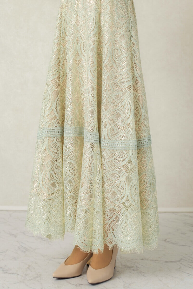グリーンの配色ハシゴレースドレスの商品画像6