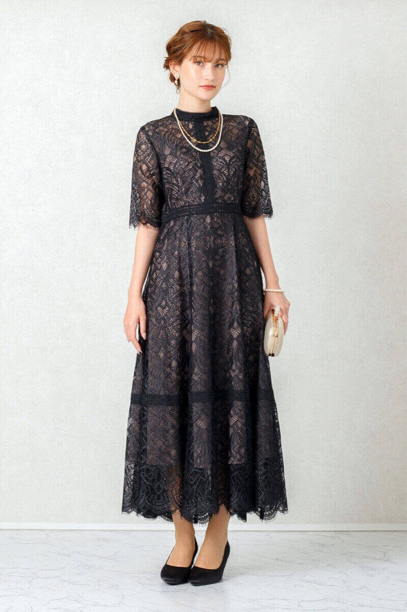 ブラックの配色ハシゴレースドレスの商品画像1