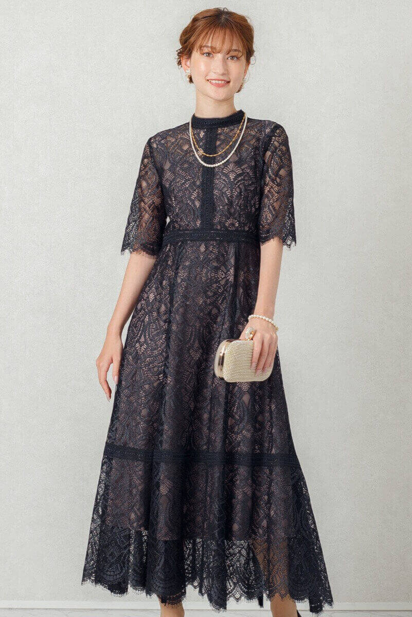 ブラックの配色ハシゴレースドレスの商品画像2