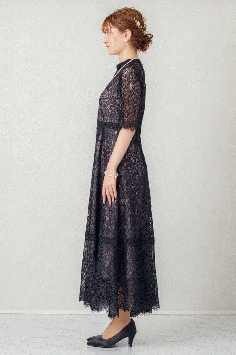 ブラックの配色ハシゴレースドレスの商品画像3