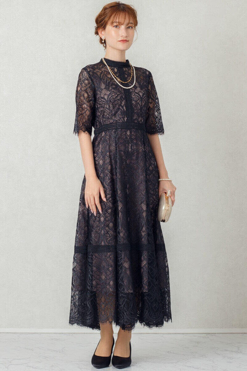 ブラックの配色ハシゴレースドレスの商品画像7