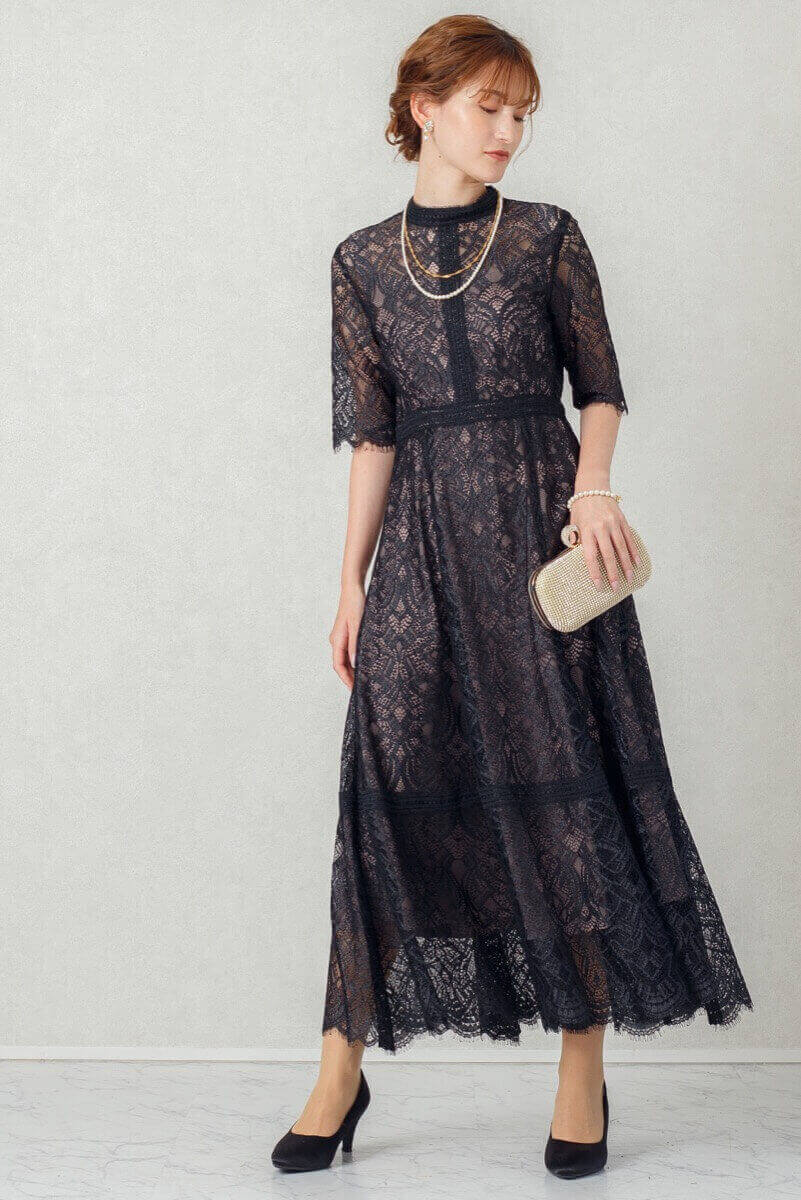 ブラックの配色ハシゴレースドレスの商品画像8