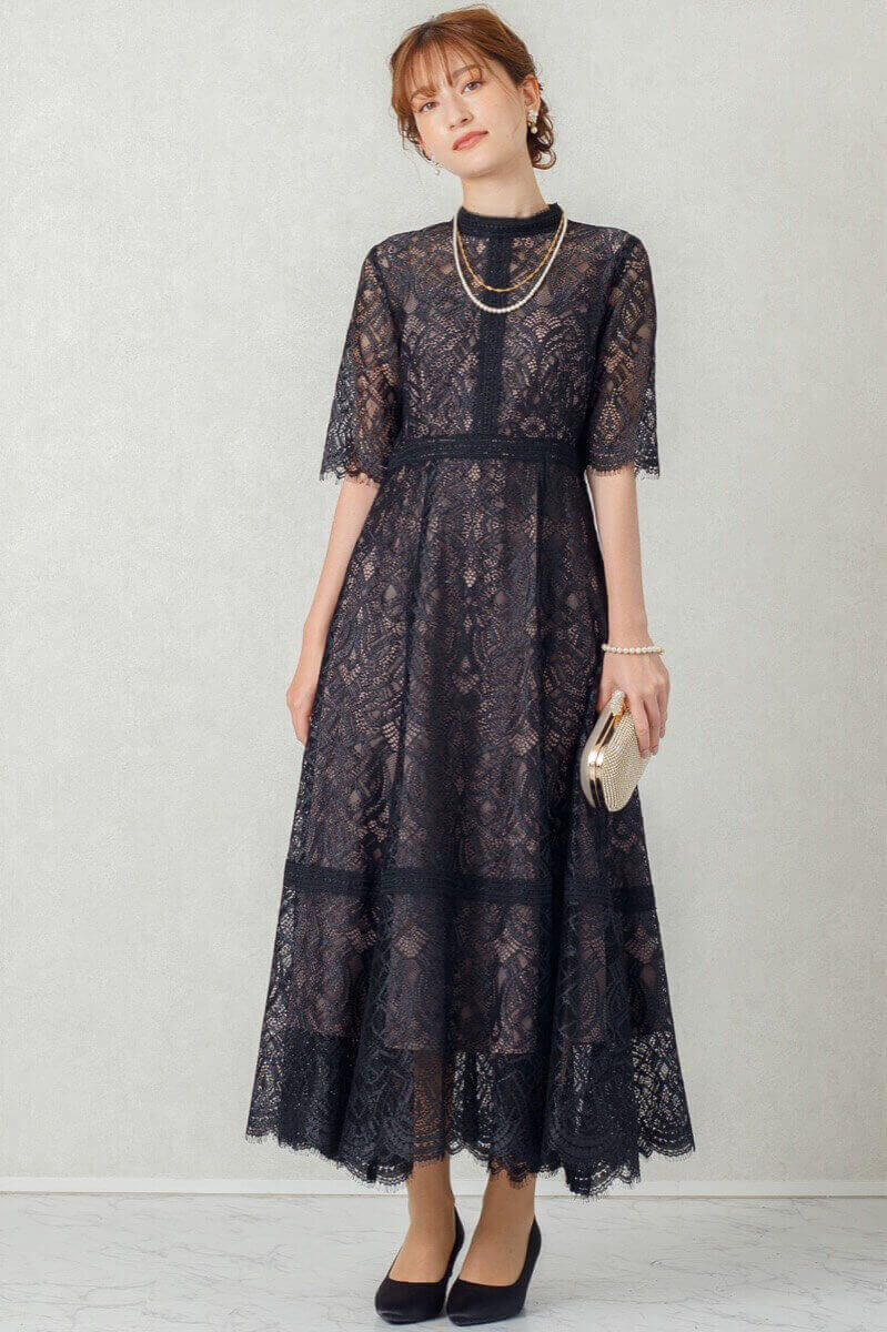 ブラックの配色ハシゴレースドレスの商品画像9