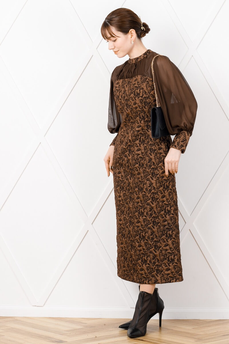 ダークブラウンのジャガードIラインドレスの商品画像9