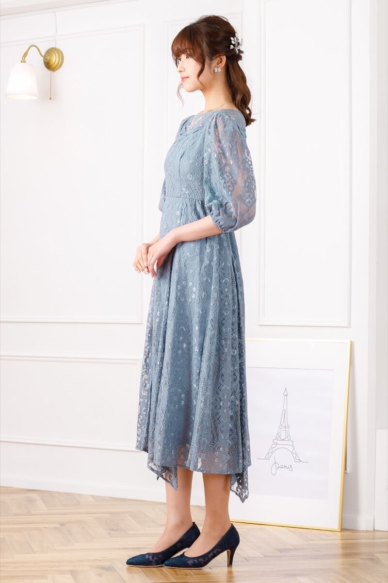 グレイッシュブルーのイレヘムレースドレスの商品画像3