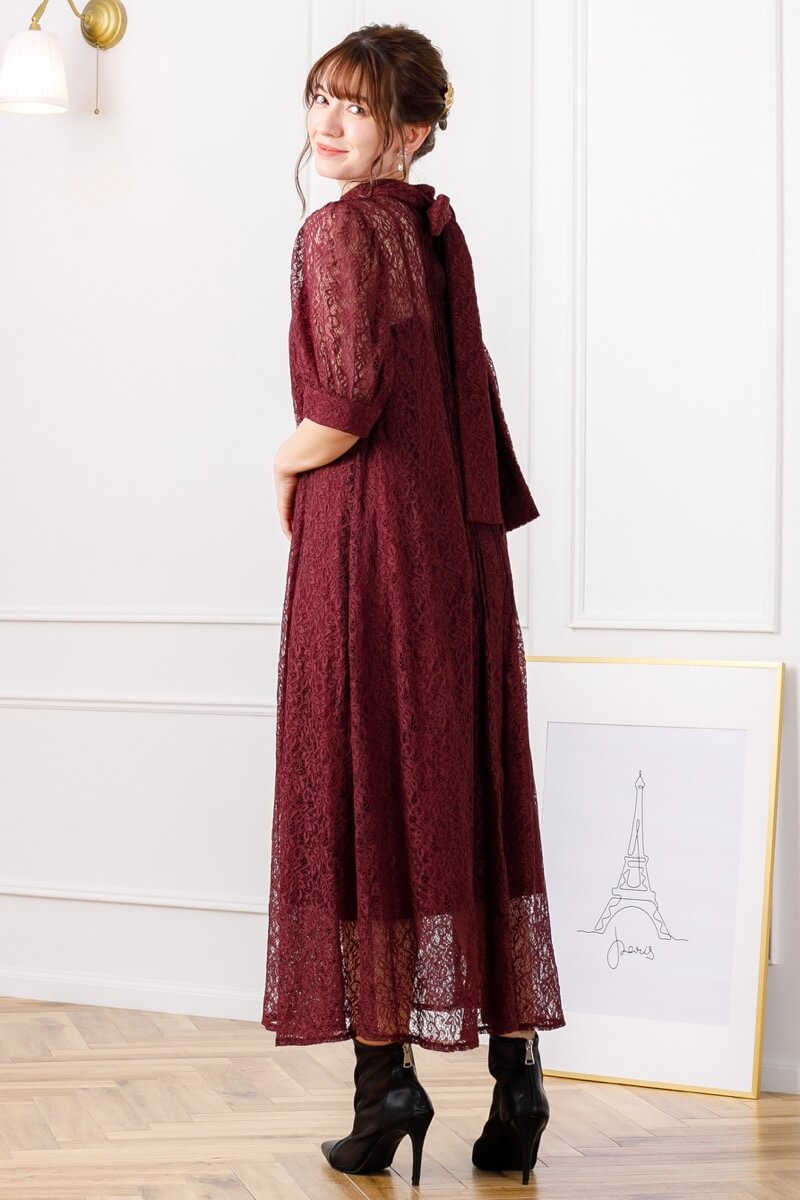 ボルドーのバッグリボンレースドレスの商品画像10
