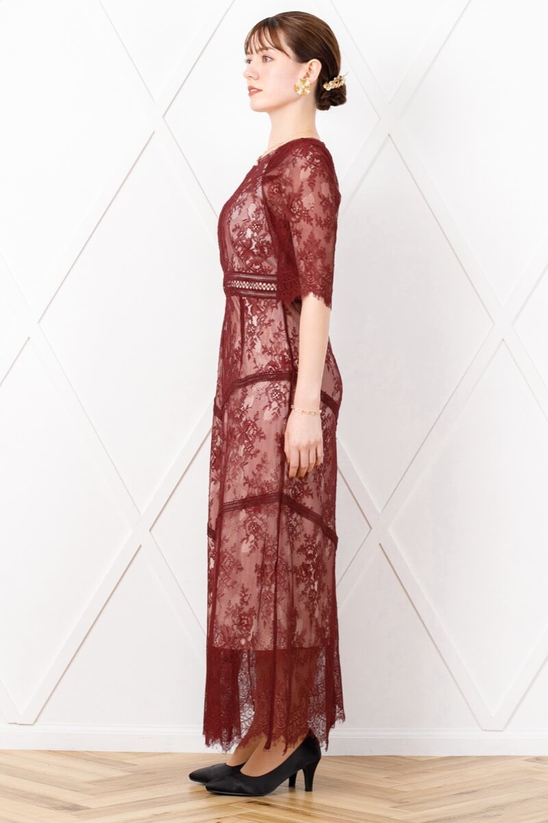 ボルドーのショルダーギャザーレースドレスの商品画像3