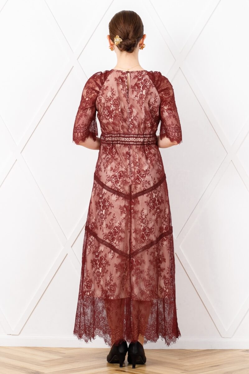 ボルドーのショルダーギャザーレースドレスの商品画像4