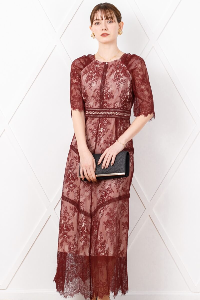 ボルドーのショルダーギャザーレースドレスの商品画像9