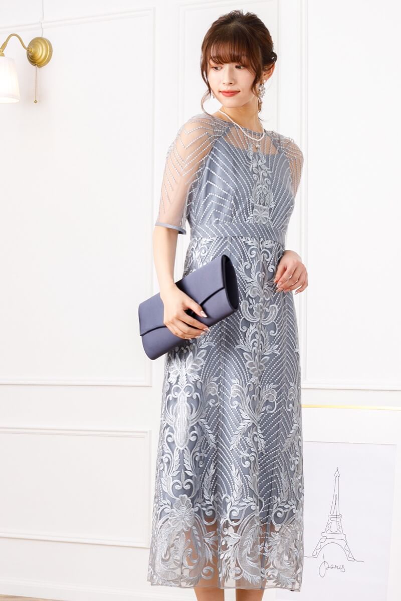 グレイッシュブルーのアンティーク刺繍レースドレスの商品画像2