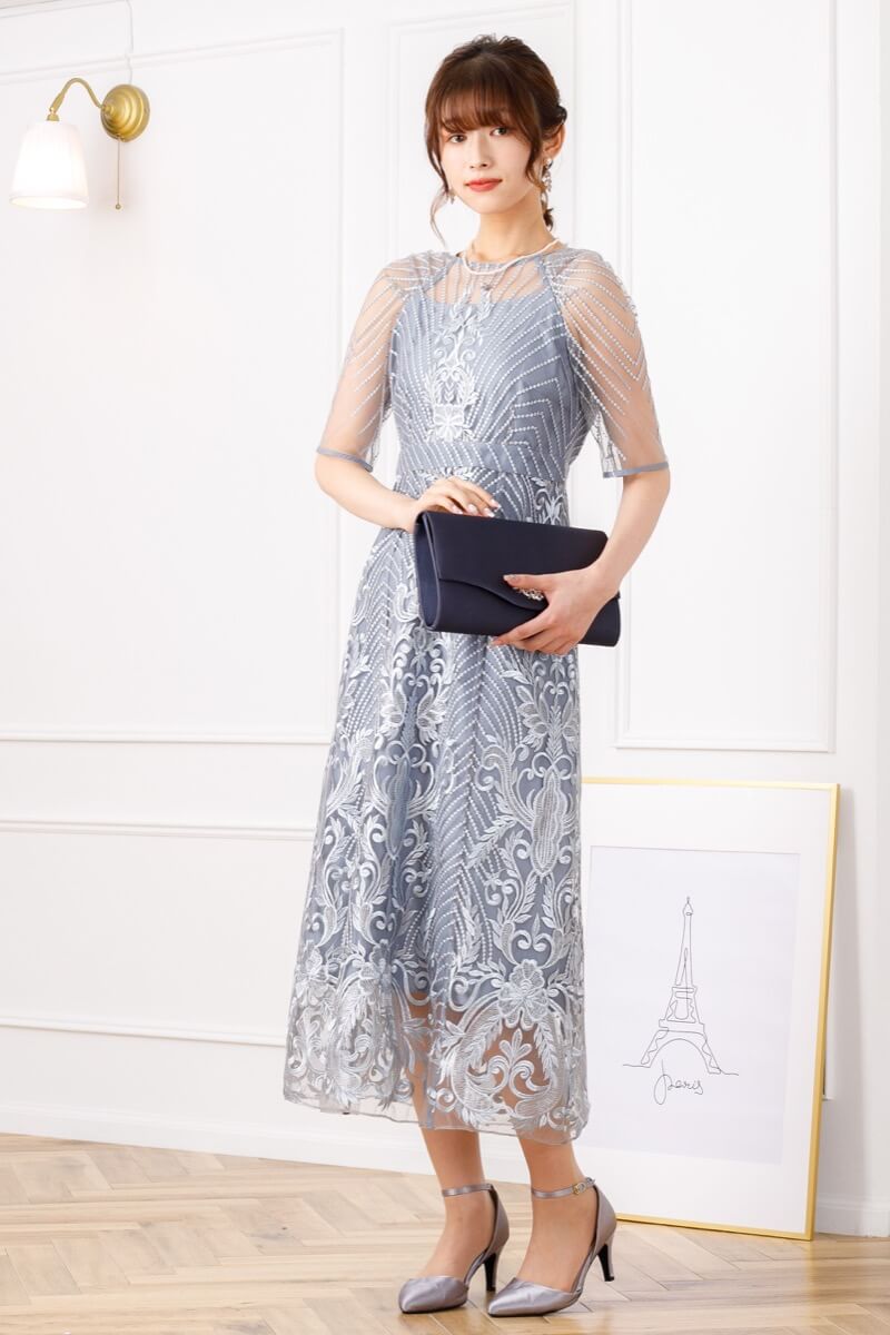 グレイッシュブルーのアンティーク刺繍レースドレスの商品画像7