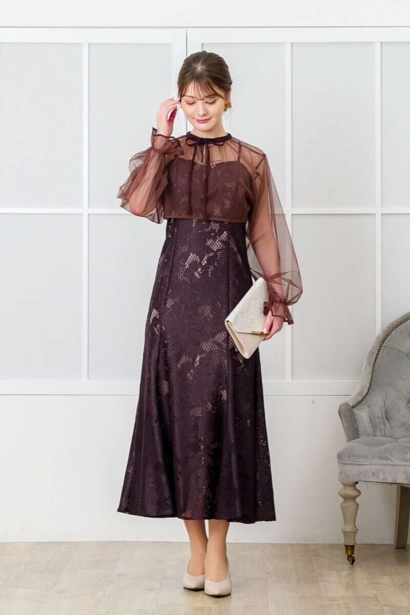 ダークブラウンのチュールブラウス付きドレスの商品画像11
