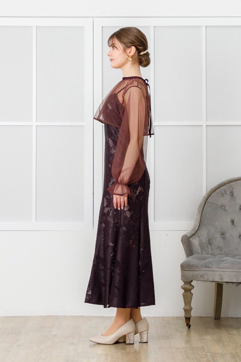 ダークブラウンのチュールブラウス付きドレスの商品画像3