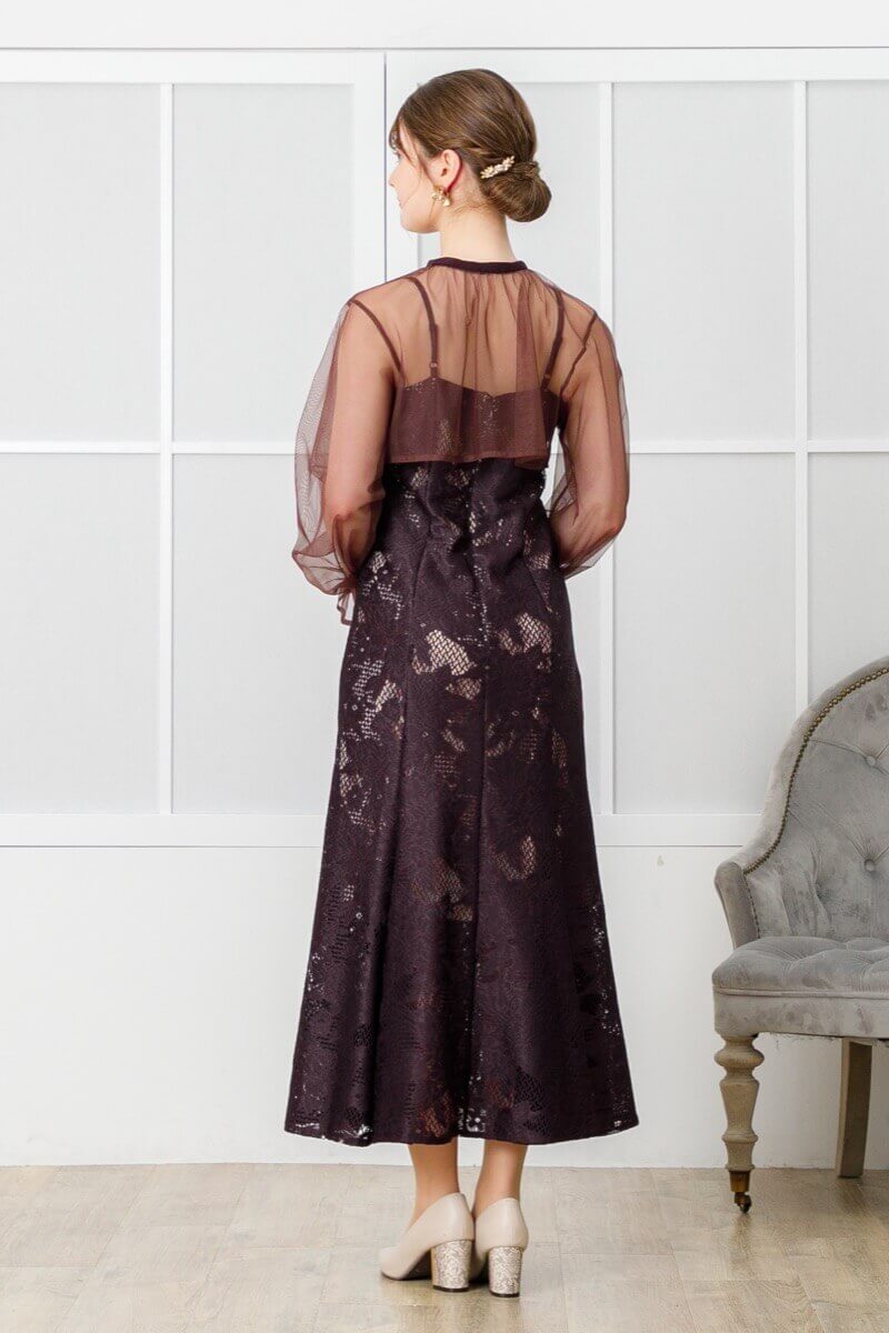 ダークブラウンのチュールブラウス付きドレスの商品画像9