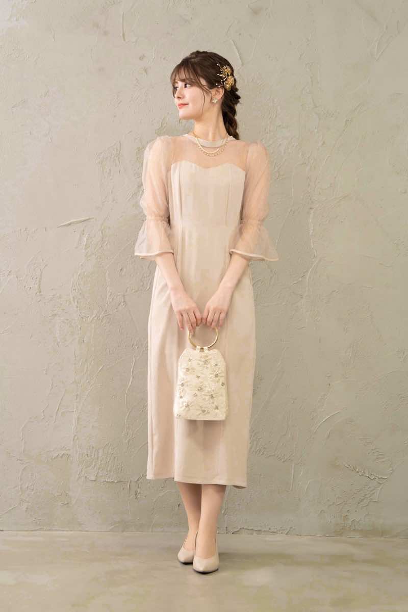 ピンクベージュのキャンディスリーブタイトドレスの商品画像8