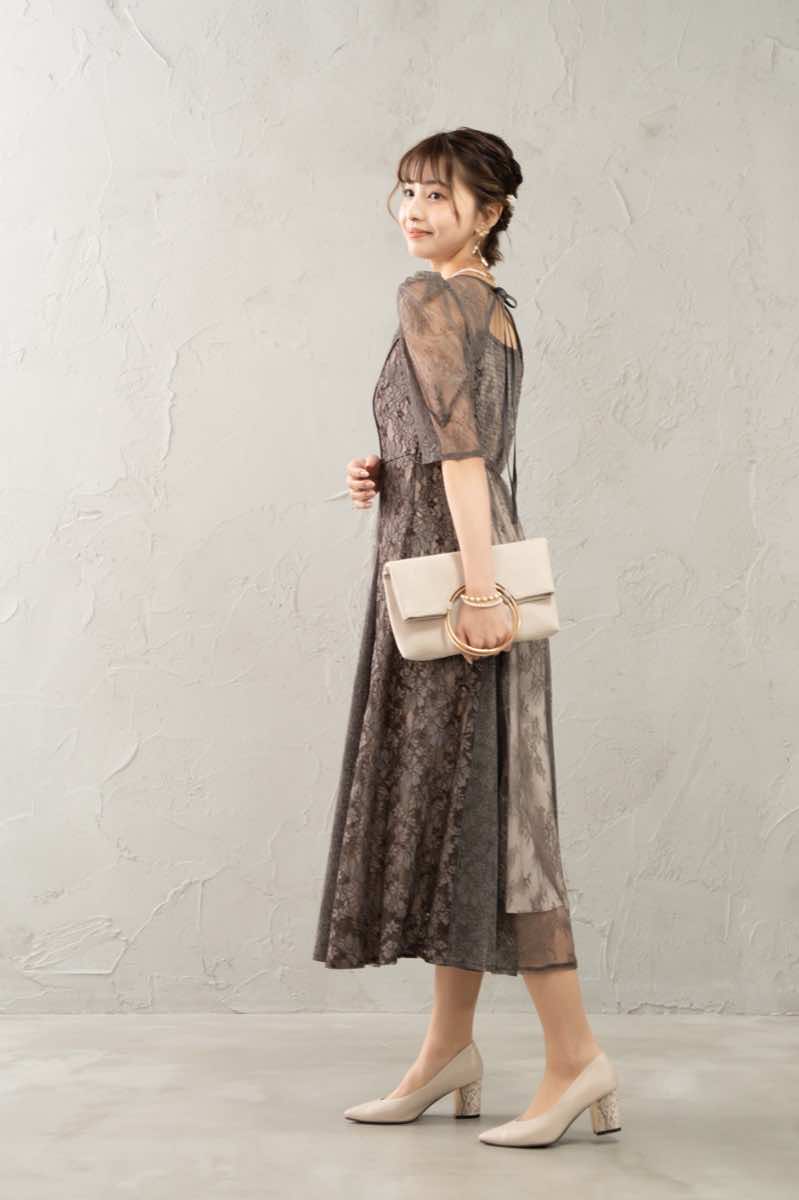 チャコールのレースフレアコンビネーションドレス select shop M 結婚式パーティーのレンタルドレスはリリアージュ