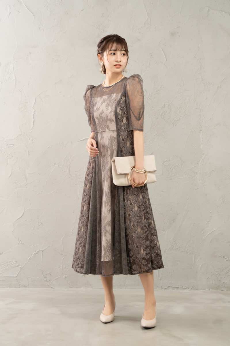 チャコールのレースフレアコンビネーションドレス select shop M 結婚式パーティーのレンタルドレスはリリアージュ