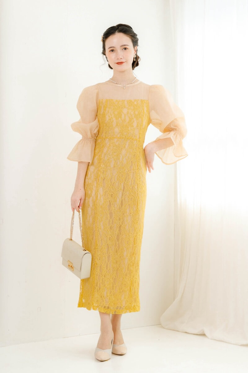 イエローの配色レースタイトドレスの商品画像1