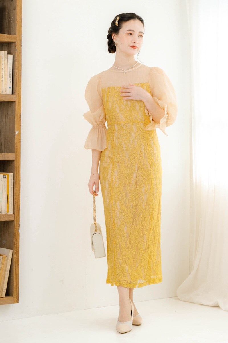 イエローの配色レースタイトドレスの商品画像10