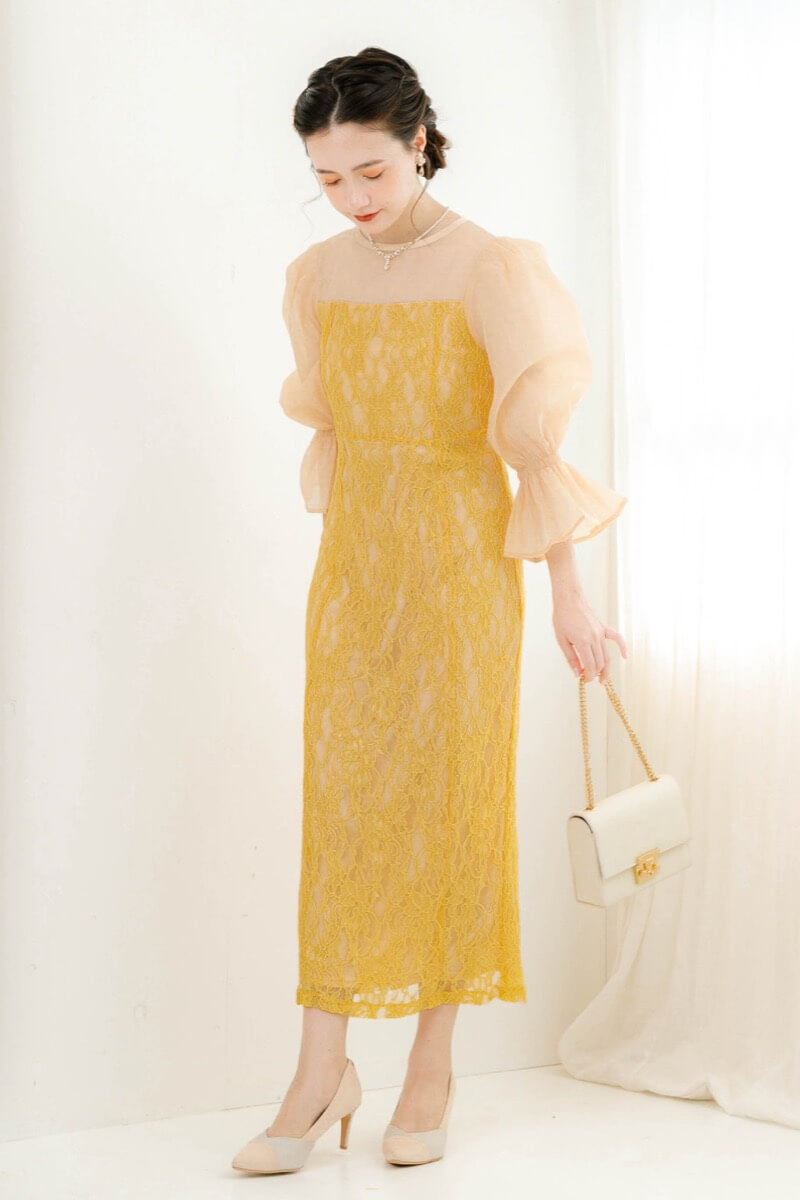 イエローの配色レースタイトドレスの商品画像2