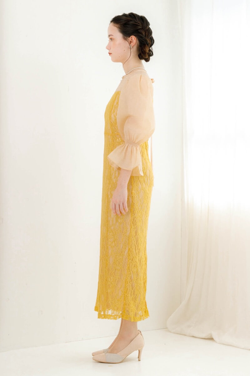 イエローの配色レースタイトドレスの商品画像3