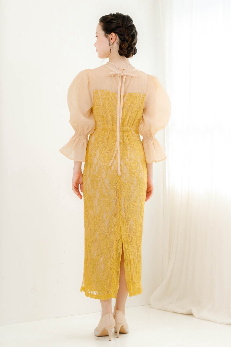 イエローの配色レースタイトドレスの商品画像4