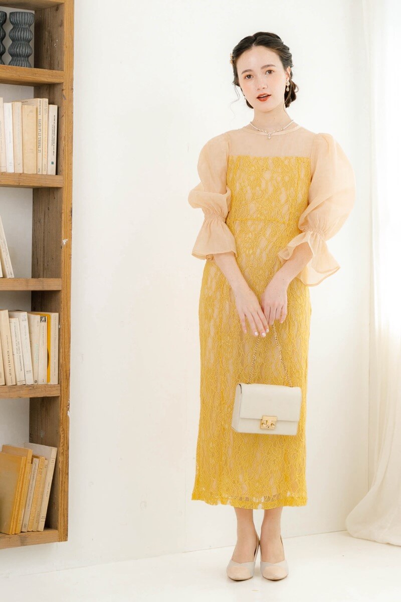 イエローの配色レースタイトドレスの商品画像8