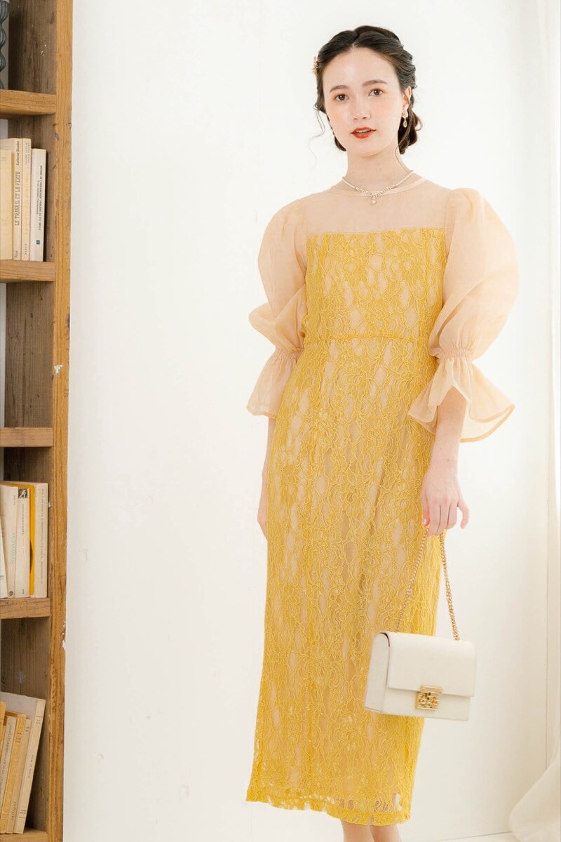 イエローの配色レースタイトドレスの商品画像9