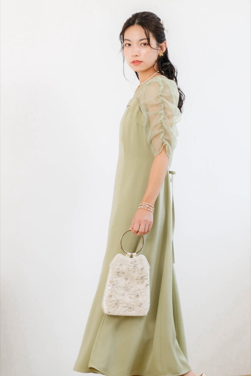 グリーンのダイヤチュールフレアドレスの商品画像1