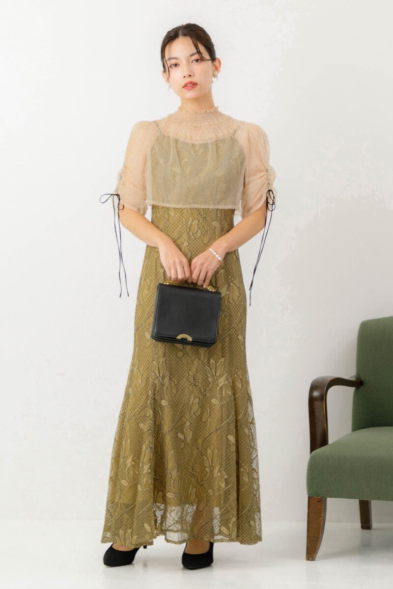 イエローのブラウス付きフラワーレースドレスの商品画像9