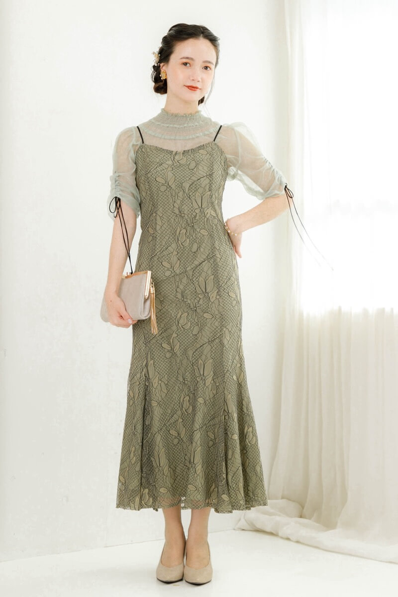 グリーンのブラウス付きフラワーレースドレスの商品画像10