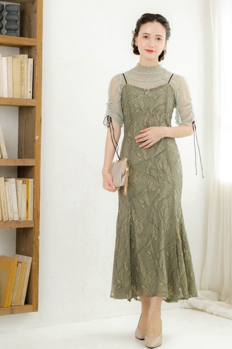 グリーンのブラウス付きフラワーレースドレスの商品画像7
