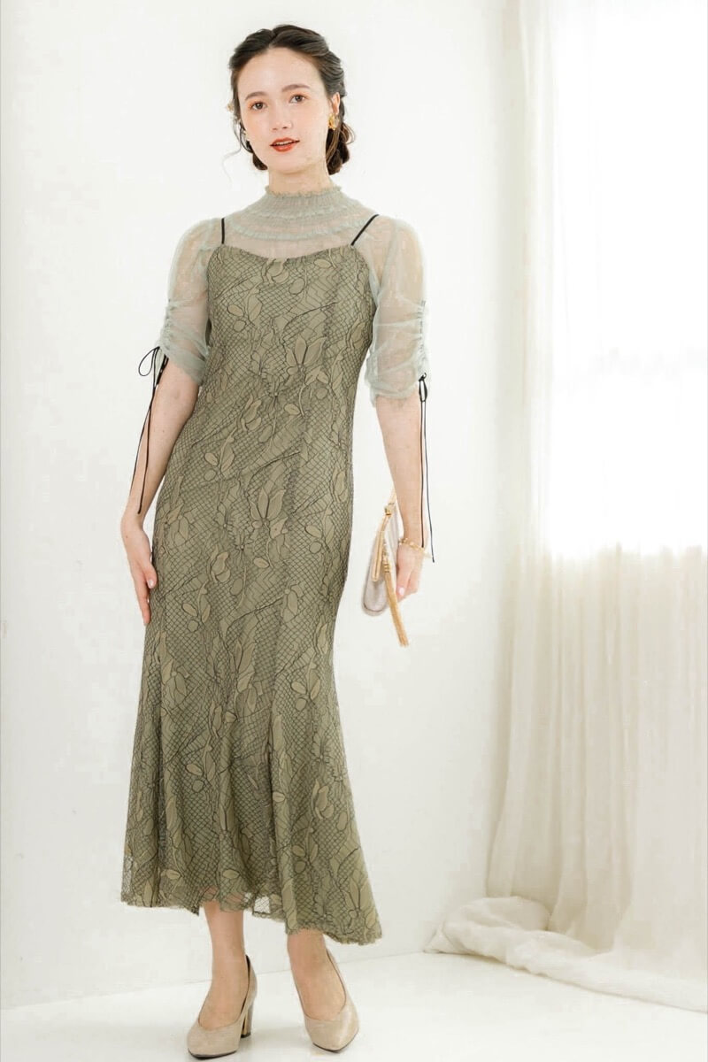 グリーンのブラウス付きフラワーレースドレスの商品画像8