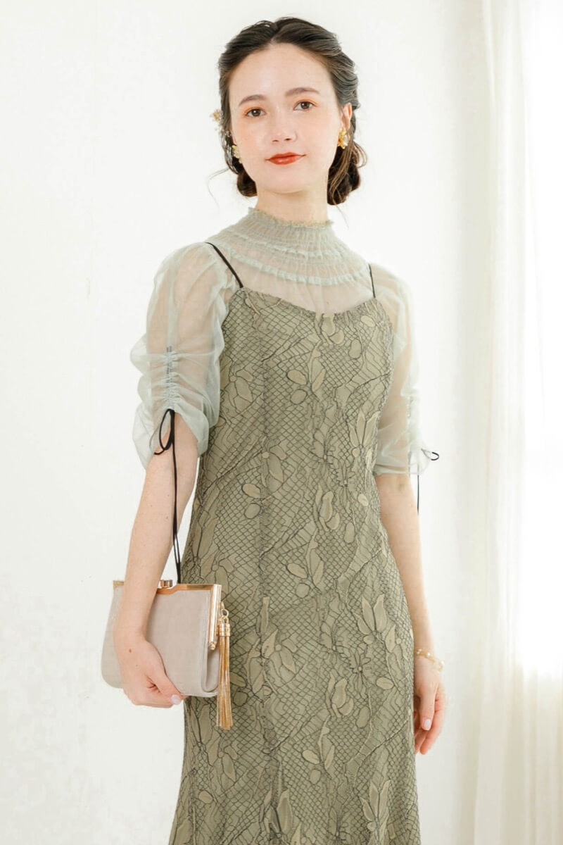 グリーンのブラウス付きフラワーレースドレスの商品画像9
