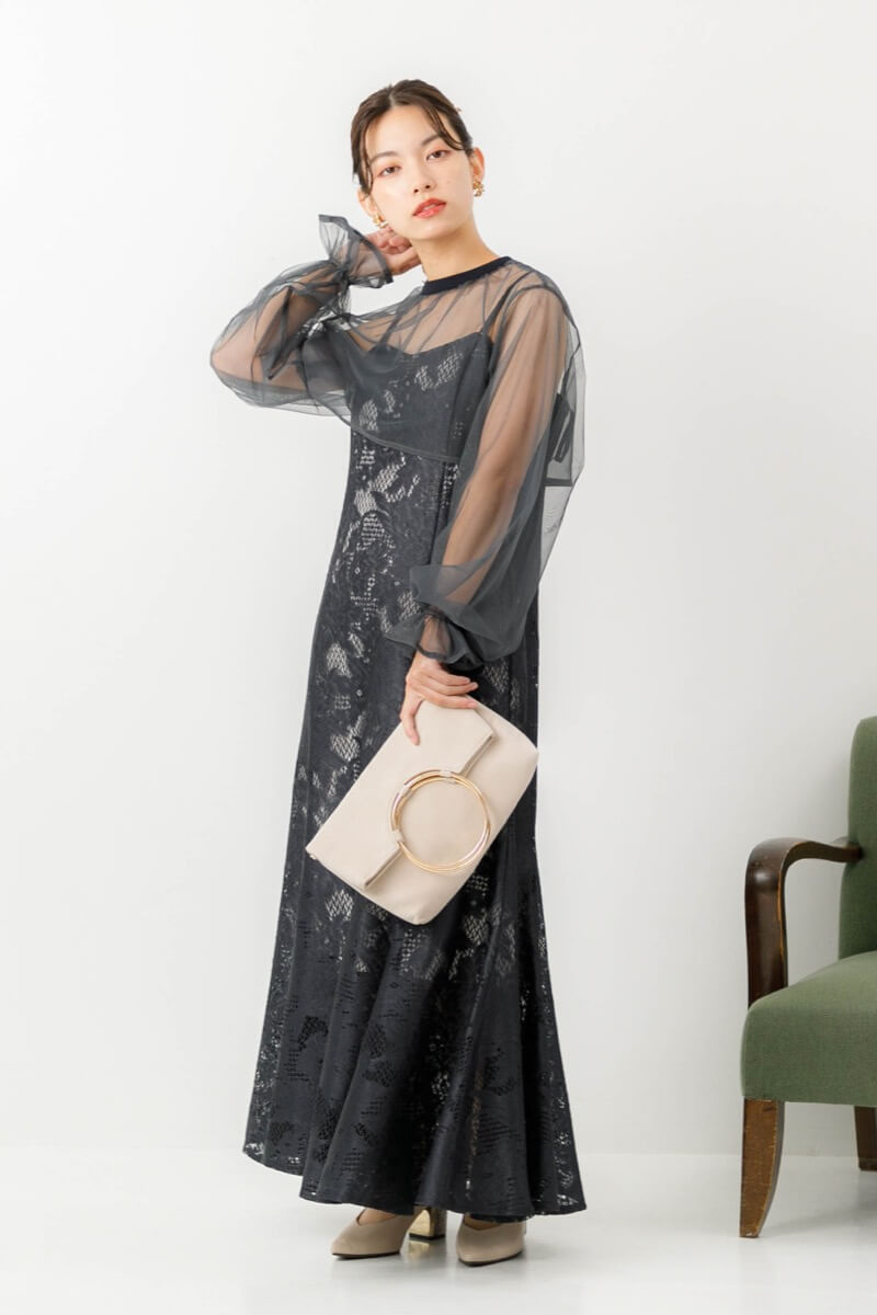 アーミーカーキのチュールブラウス付きドレスの商品画像1