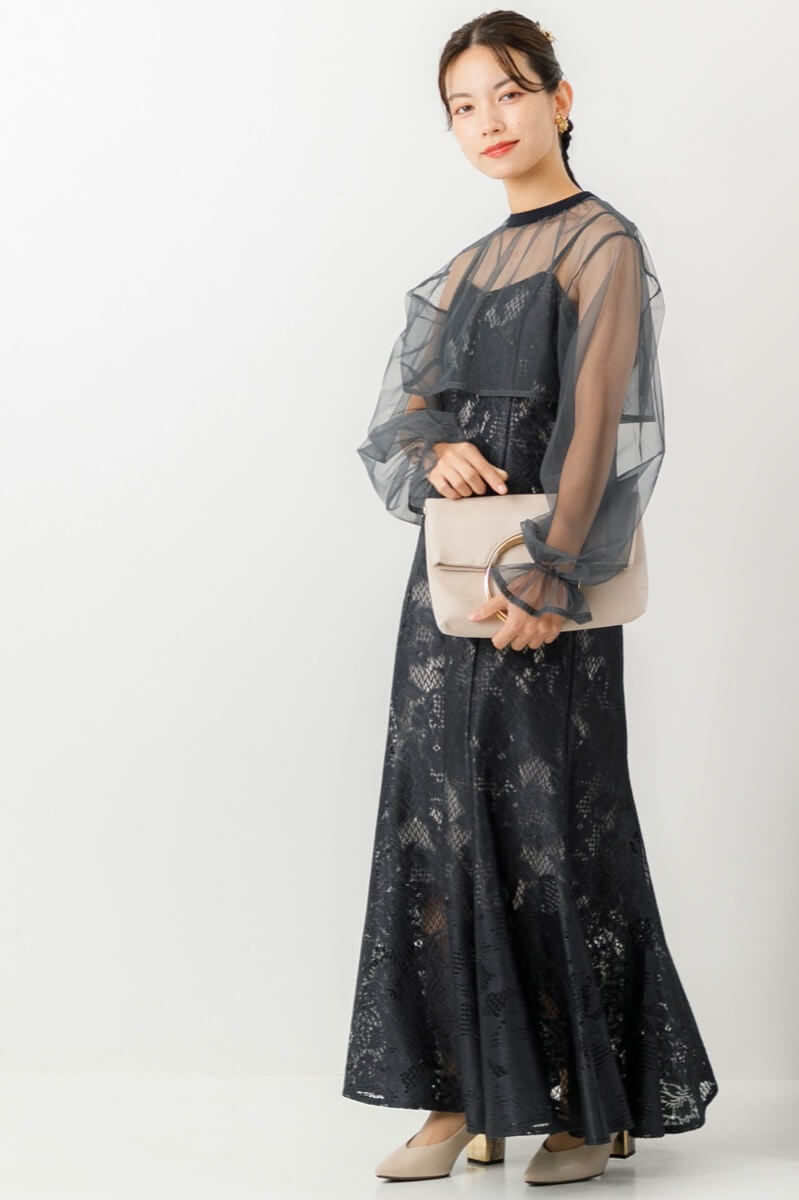 アーミーカーキのチュールブラウス付きドレスの商品画像10