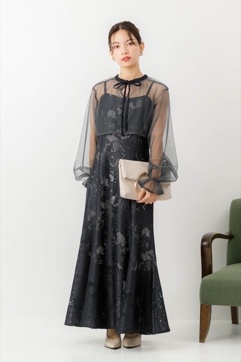 アーミーカーキのチュールブラウス付きドレスの商品画像8