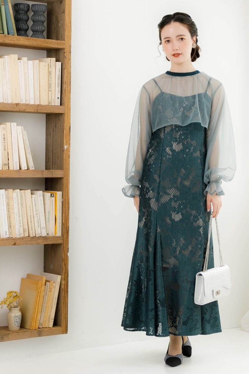 アンティークミントのチュールブラウス付きドレスの商品画像10