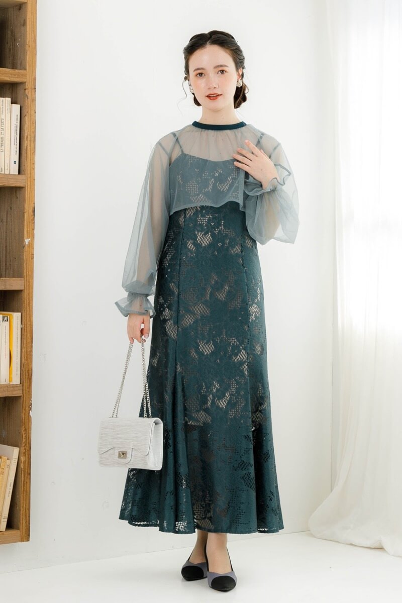 アンティークミントのチュールブラウス付きドレスの商品画像8