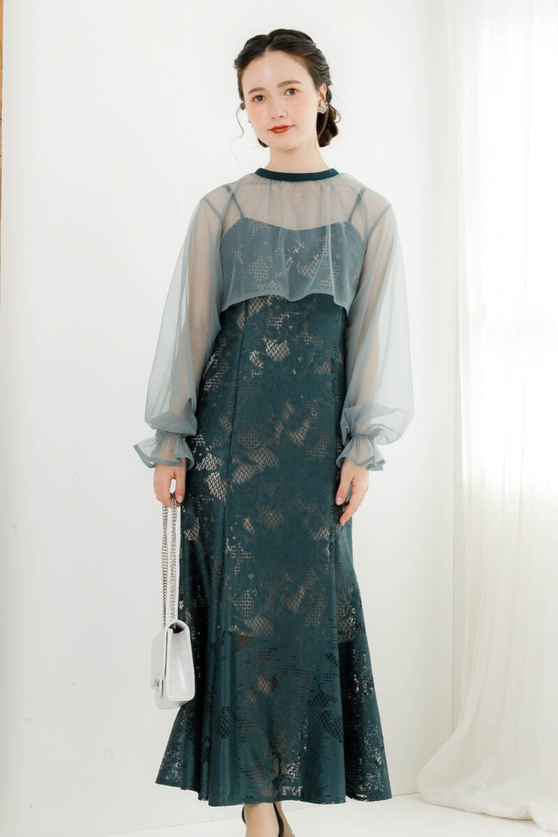 アンティークミントのチュールブラウス付きドレスの商品画像9