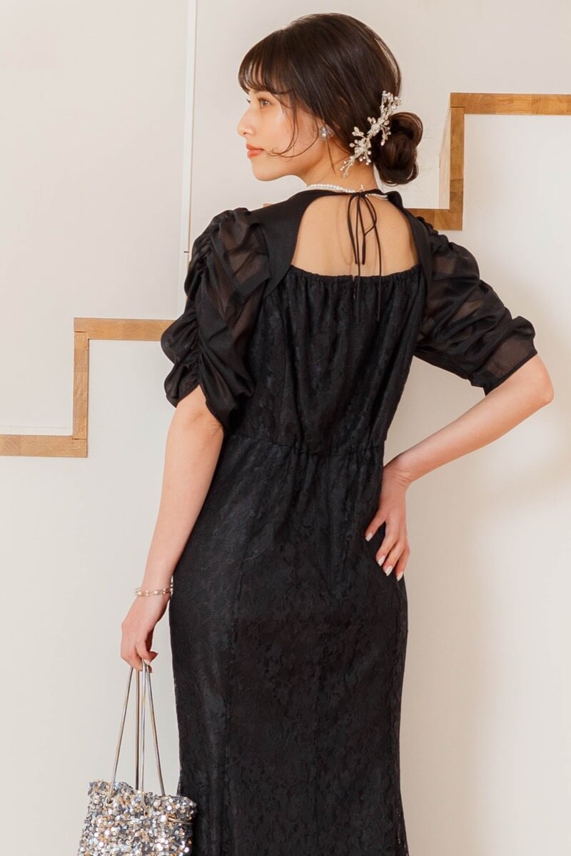 ブラックのギャザースリーブマーメイドドレスの商品画像1 ブラックのギャザースリーブマーメイドドレスの商品画像1