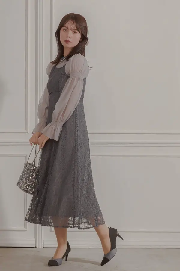 シャーリングスリーブジャガードドレス　ブルーチャコール チャコールのシャーリングスリーブジャガードドレス | Dorry doll | M
